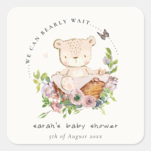 Sticker Carré Ours Teddy Mignonne Dans Panier Fleur Baby shower 