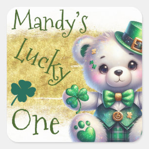 Sticker Carré Ours vert de la Saint-Patrick Jour de chance anniv