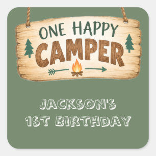Sticker Carré Ourson des Bois One Happy Camper 1er Anniversaire