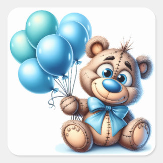 Sticker Carré Ourson en peluche avec ballons bleus Baby Shower