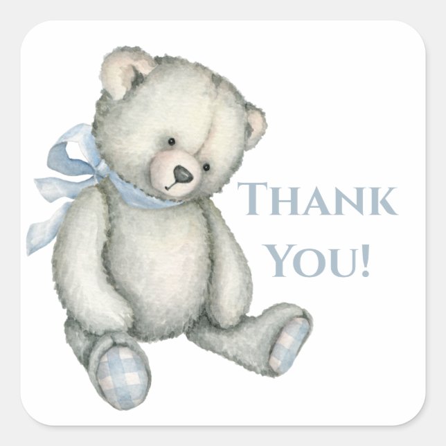 Sticker Carré Ourson en peluche bleu garçon aquarelle merci (Devant)