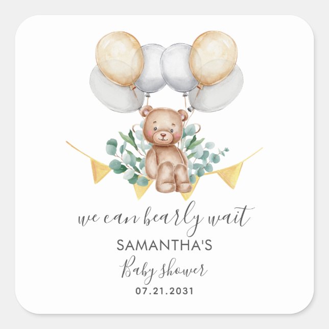 Sticker Carré Ourson Eucalyptus Script Baby Shower (Devant)