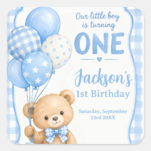 Sticker Carré Ourson Gingham Bleu Aquarelle 1er Anniversaire