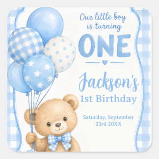 Sticker Carré Ourson Gingham Bleu Aquarelle 1er Anniversaire