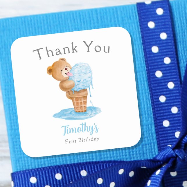Sticker Carré Ourson glace d'anniversaire garçon Teddy Bear (Créateur téléchargé)