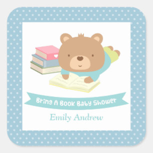 Sticker Carré Ourson Mignon Apporte un Livre à la Baby Shower