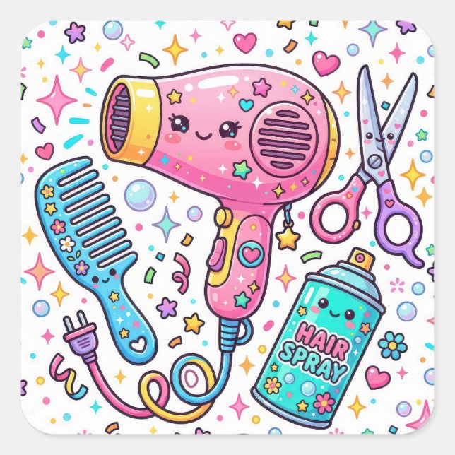 Sticker Carré Outils de coiffure mignons dans le style d'art Kaw (Devant)