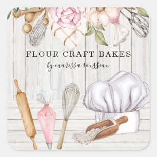 Sticker Carré Outils de cuisson à l'aquarelle du chef pâtissier