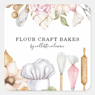 Sticker Carré Outils de cuisson à l'aquarelle du chef pâtissier