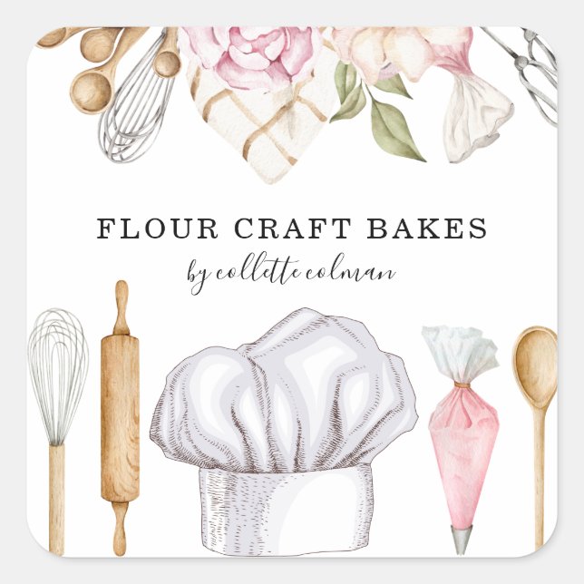 Sticker Carré Outils de cuisson à l'aquarelle du chef pâtissier  (Devant)