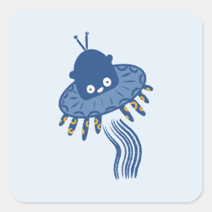 Sticker Carré OVNI octopique bleu Kawaii