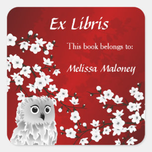 Sticker Carré Owl And Red Cherry Blossom Ex Libris Ajouter Nom