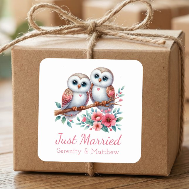 Sticker Carré Owl Boho Rustic Country Woodland Just Married (Créateur téléchargé)