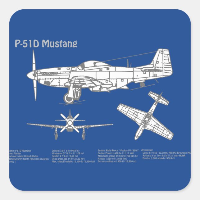 Sticker Carré P-51D Mustang - Plan d'avion ABD (Devant)