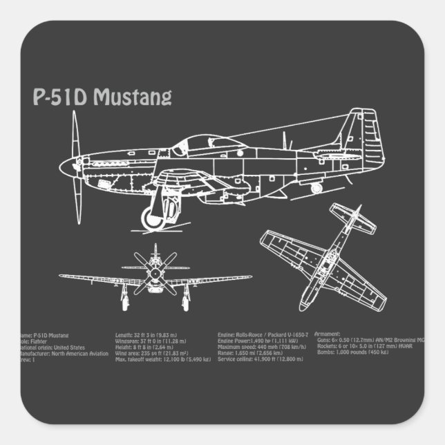 Sticker Carré P-51D Mustang - Plan directeur de l'avion PD (Devant)