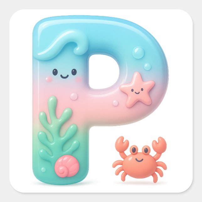Sticker Carré "P" Cute Letter - Underwater Sea Creature  (Devant)