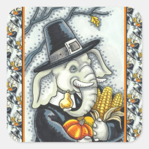 STICKER CARRÉ PACHYDERME DE THANKSGIVING, ÉLÉPHANT PÈLERIN RECON