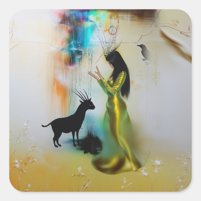 Sticker Carré Pagan Priestess Raven Occult Dark Witchk AI Art (Devant)