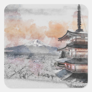 Sticker Carré Pagode japonaise et mont Fuji en aquarelle carré