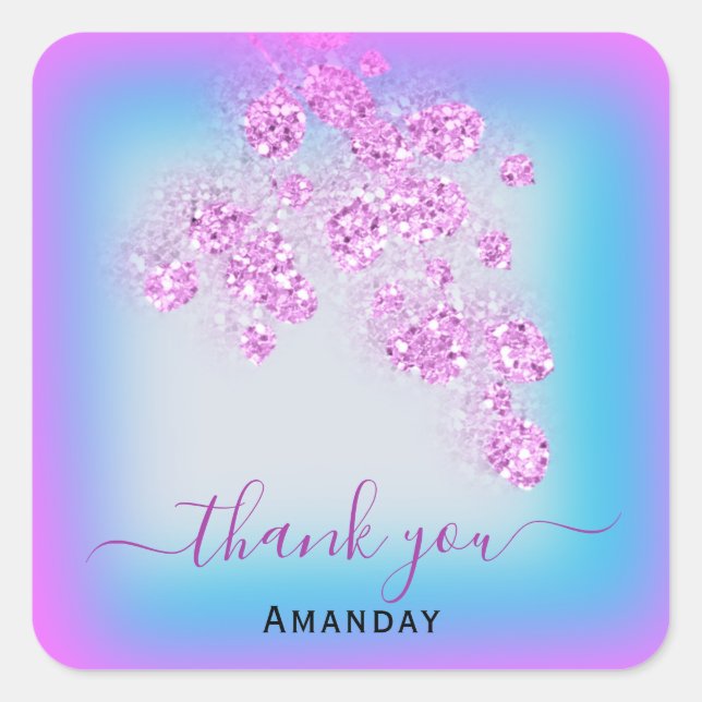Sticker Carré Pailleté bleu rose Merci Nom 16e anniversaire doux (Devant)
