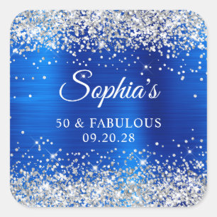 Sticker Carré Paillettes Argent Royal Bleu Feuille 50 & Fabuleux