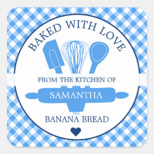 Sticker Carré Pain aux bananes à carreaux bleus cuit avec amour