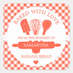 Sticker Carré Pain aux bananes cuit avec amour Gingham Orange