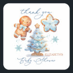 Sticker Carré Pain d'épice Boy Christmas Tree Baby shower Merci<br><div class="desc">Cette conception présente une aquarelle illustrant Gingerbread baby boy,  Gingerbread Christmas tree and star. Les textes "Merci" et "Baby shower" sont écrits en caractères de calligraphie moderne.</div>