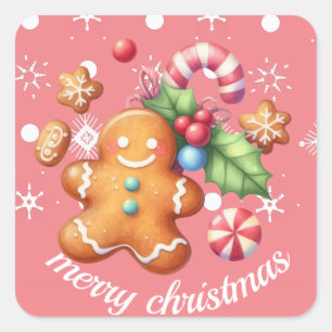 Sticker Carré Pain d'épice Noël Menthe Bleue Nom Rose