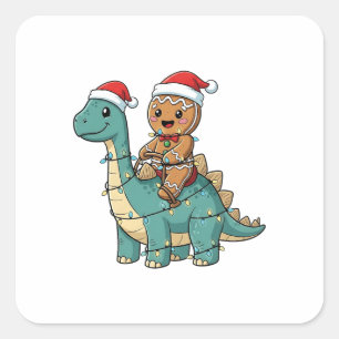 Sticker Carré Pain d'épices montant un dinosaure Santa Noël