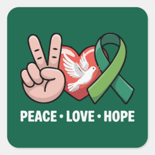 Sticker Carré Paix Amour Espoir - Ruban Vert de Sensibilisation 