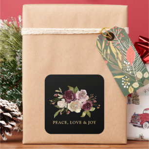 Sticker Carré Paix Amour et Joie Bouquet d'Hiver Noir Vacances