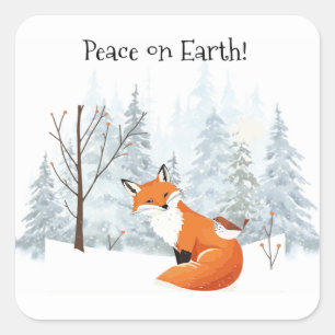 Sticker Carré Paix sur Terre Renard Rouge Oiseau Hiver Forêt Arb
