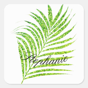 Sticker Carré Palm Leaves Glittery Green Custom Name mignon