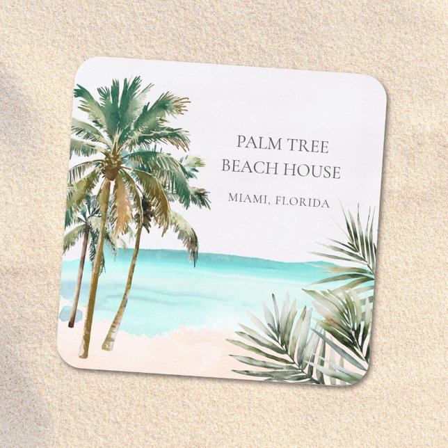 Sticker Carré Palmier Tropical Personnalisé Feuilles Plage Bleue (Close up)