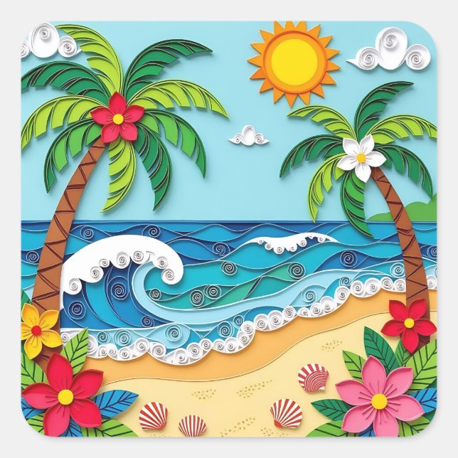 Sticker Carré Palmiers sur la Plage  (Devant)