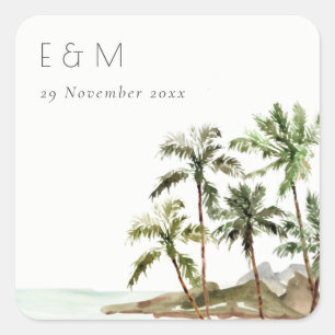 Sticker Carré Palmiers tropicaux Mariage de sable de plage Monog