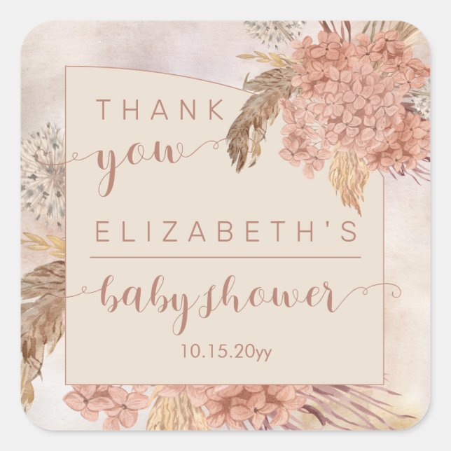 Sticker Carré Pampas Grass | Hydrangeas Baby shower Merci (Devant)