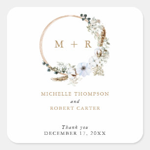 Sticker Carré Pampas Grass Mariage Boho Terracotta Monogram Chic