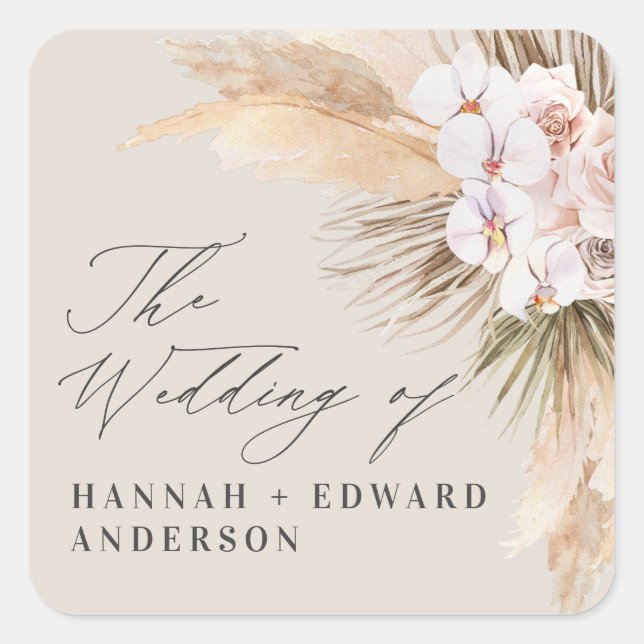 Sticker Carré Pampas herbe séché script botanique boho mariage s (Devant)