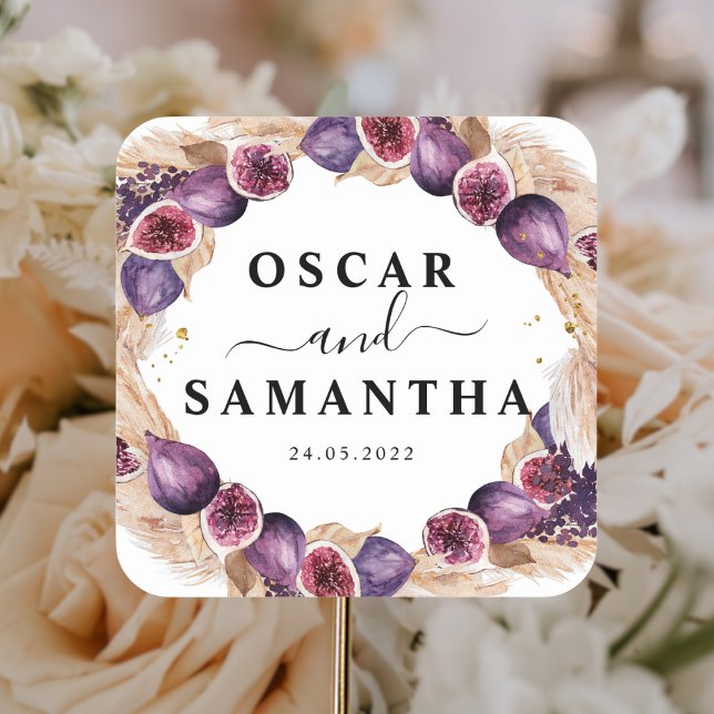 Sticker Carré Pampas moderne & Figues violettes Cadre de beauté (Créateur téléchargé)