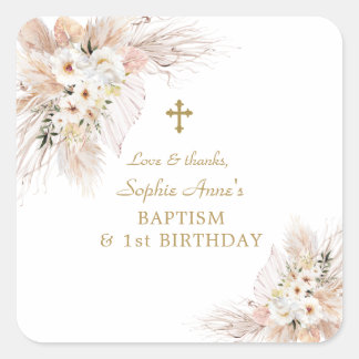 Sticker Carré Pampas Rose Désert Grass 1er Anniversaire Baptême