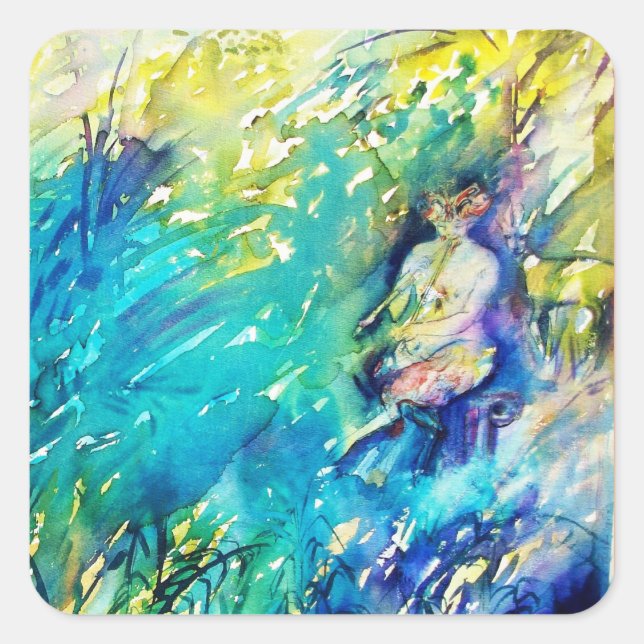 STICKER CARRÉ PAN JOUER FLUTE ET CERF EN BOIS VERT (Devant)