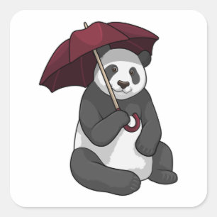 Sticker Carré Panda à la pluie avec parapluie