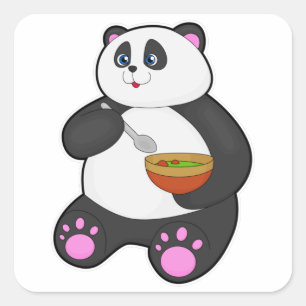 Sticker Carré Panda à manger avec cuillère et bol