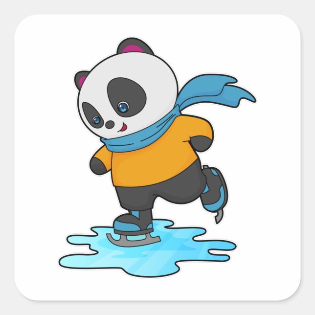 Sticker Carré Panda au patinage sur glace avec patins sur glace  (Devant)