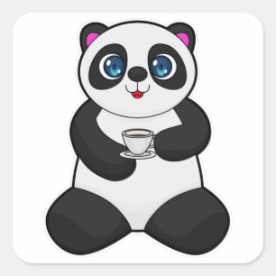 Sticker Carré Panda avec tasse de café