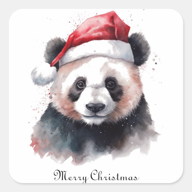 Sticker Carré Panda de Noël, personnalisable (Devant)