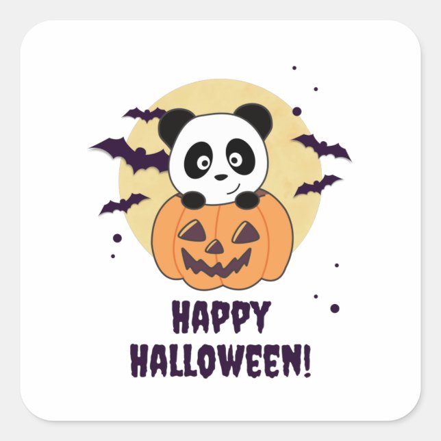 Sticker Carré Panda En Pandas Douces Citrouilles Bonne Halloween (Devant)