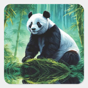 Sticker Carré Panda géant dans la forêt de Bamboo